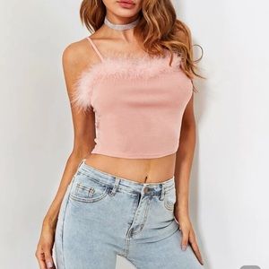 Pink crop tank top with fur at top